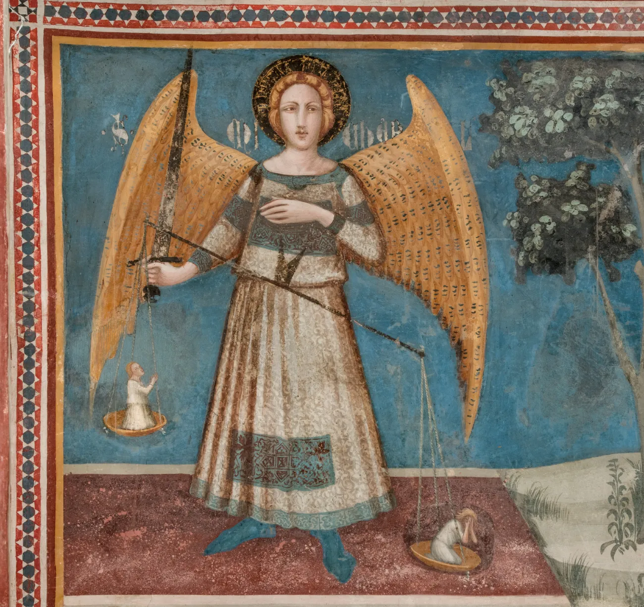 Sant Miquel pesant les ànimes, capella de Sant Miquel (1346). Pintura mural, tècnica mixta de fresc i sec